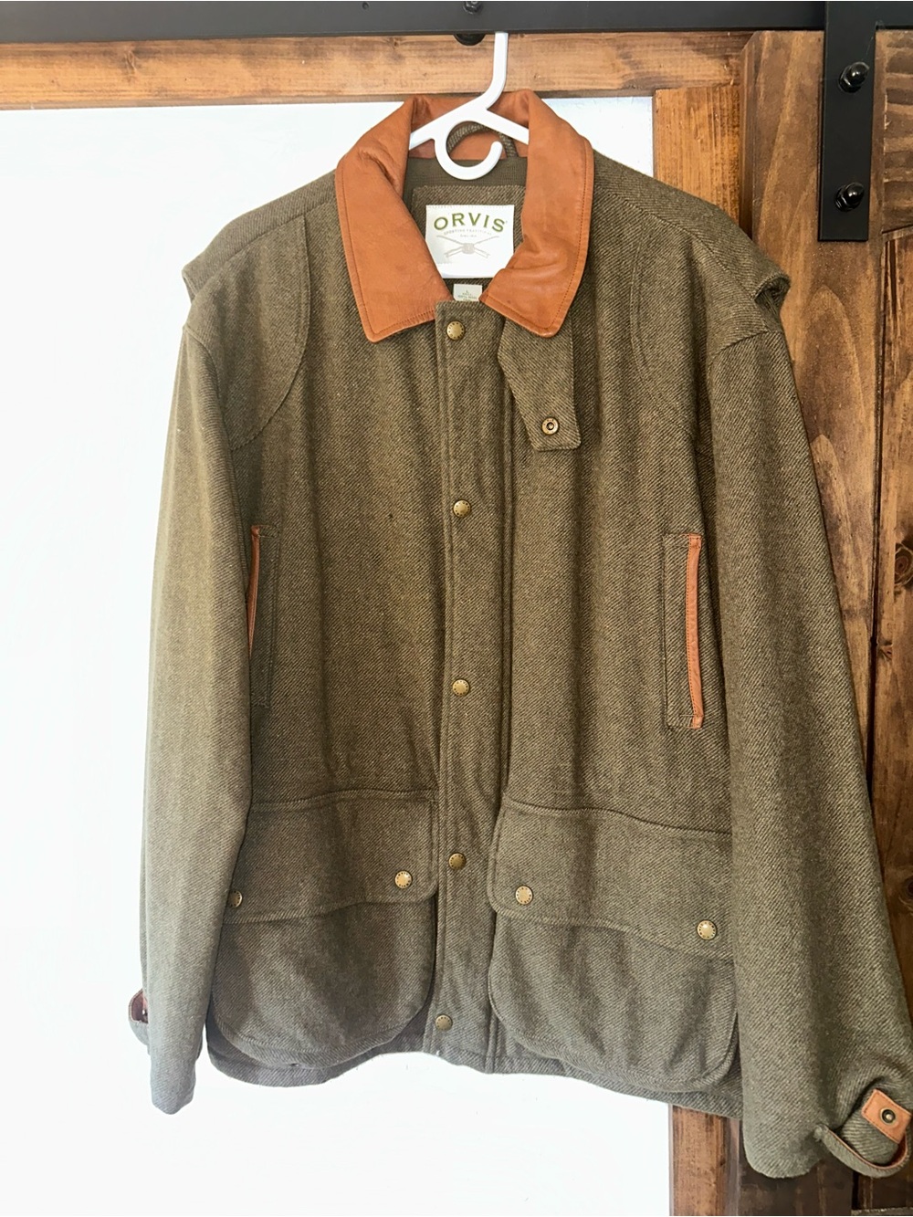 Orvis: Men's Olive Green Wool Field Coat with Brown Leather Trim